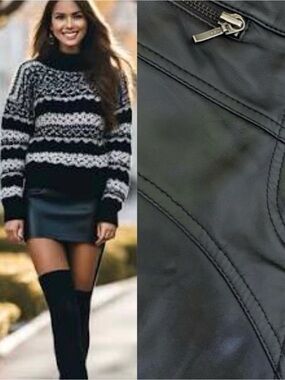 Cache Black Lamb Leather Zipper Mini Skirt